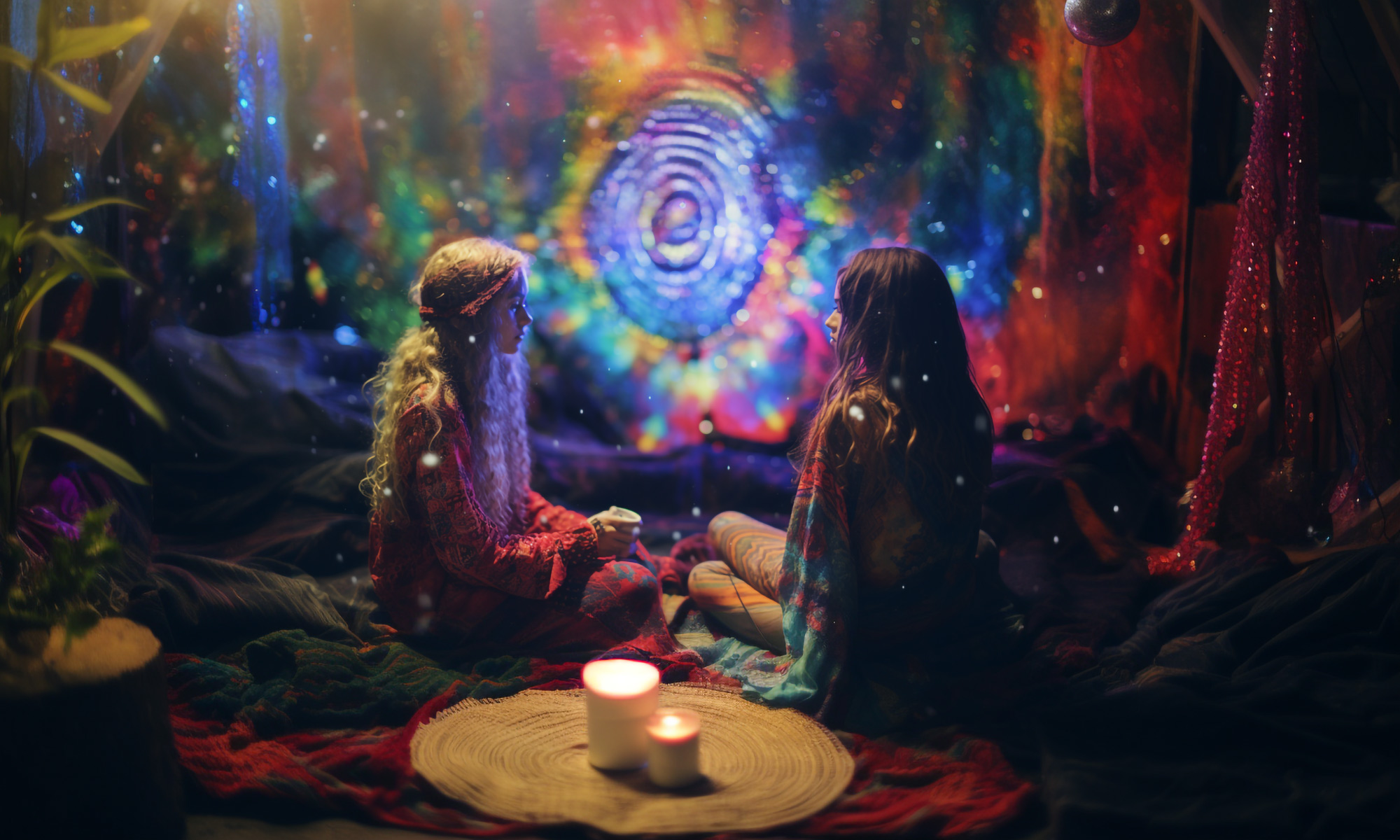 Twee jonge vrouwen tijdens een tripceremonie in kleurrijke psychedelische jaren '60 setting.